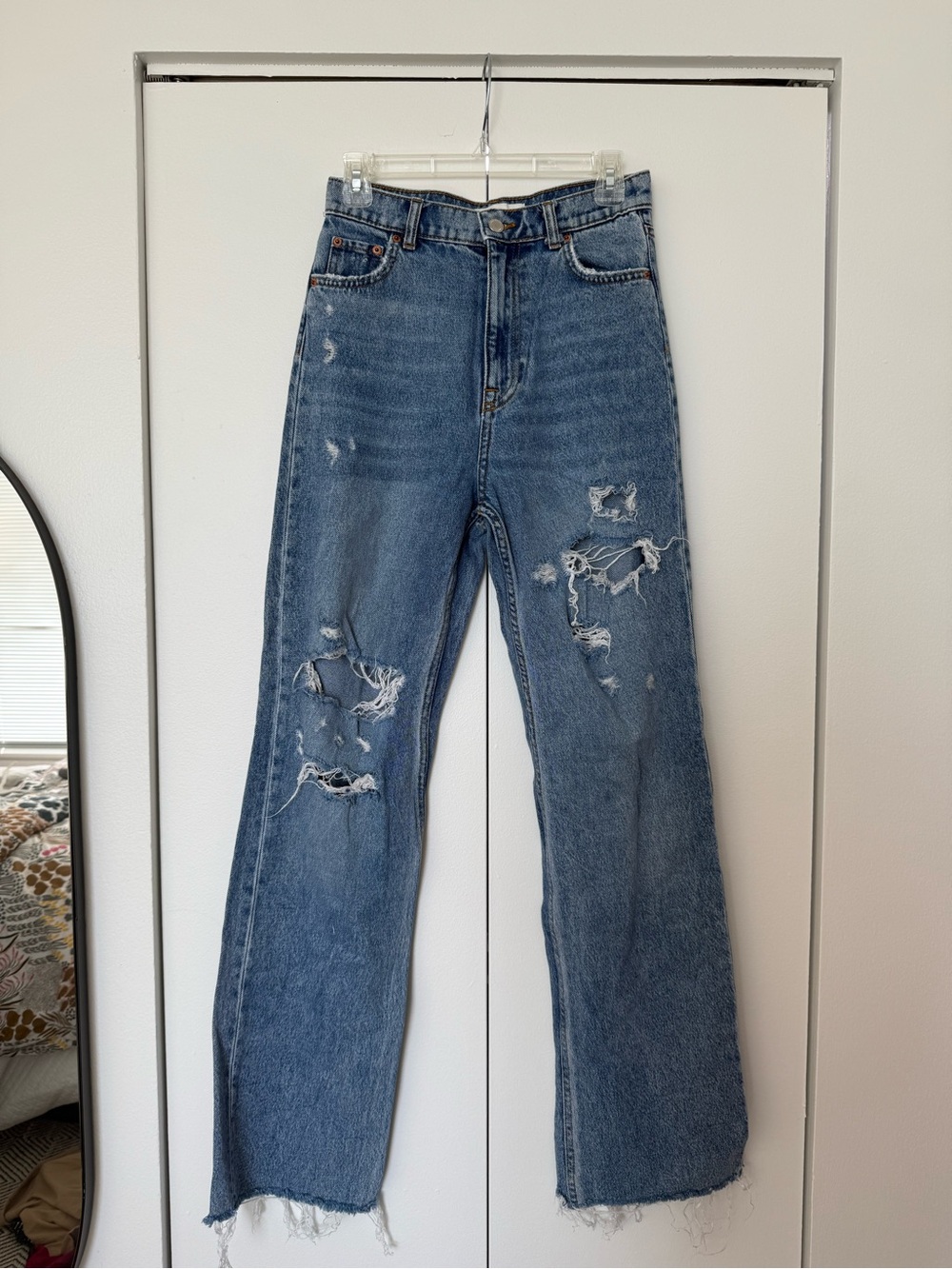 Zara Distressed High-Rise Jeans - Classic Blue